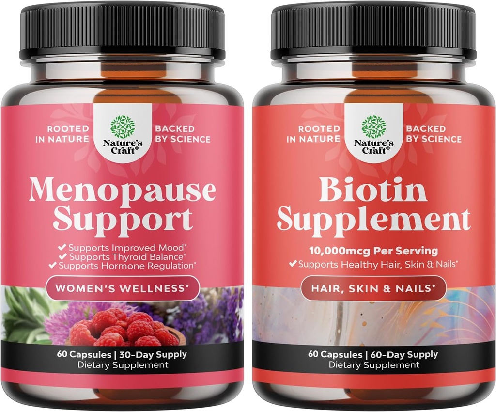 Bundle of Herbal Menopause Suplement for Women and 10000 mcg Pure Biotin Pills for Women & Men - Perfect for Estrogen Balance - Stop Hair Loss Thinning Natural Supplemen