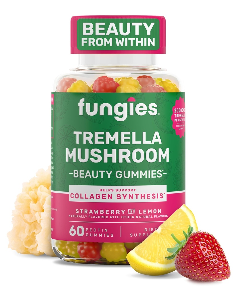 Fungies Tremella Mushroom Gummies, Mixed Strawberry & Lemon Flavor - Mushroom Herbal Suplement Gummy for Dewasa Pasokan Dewasa, Healthy Skin & Healthy Aging - Beauty Gummies 60 Servis