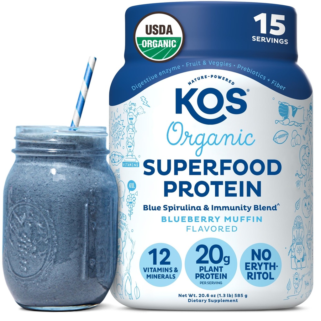 Tanaman KOS berbasis bubuk Protein, Blueberry Muffin - Organic Pea Protein Superfood dengan Spirulina dan Immune Support Blend. Soy, Gluten, Dairy Free - Pengganti Vegan Meal untuk Perempuan & Pria - 15 Hamba
