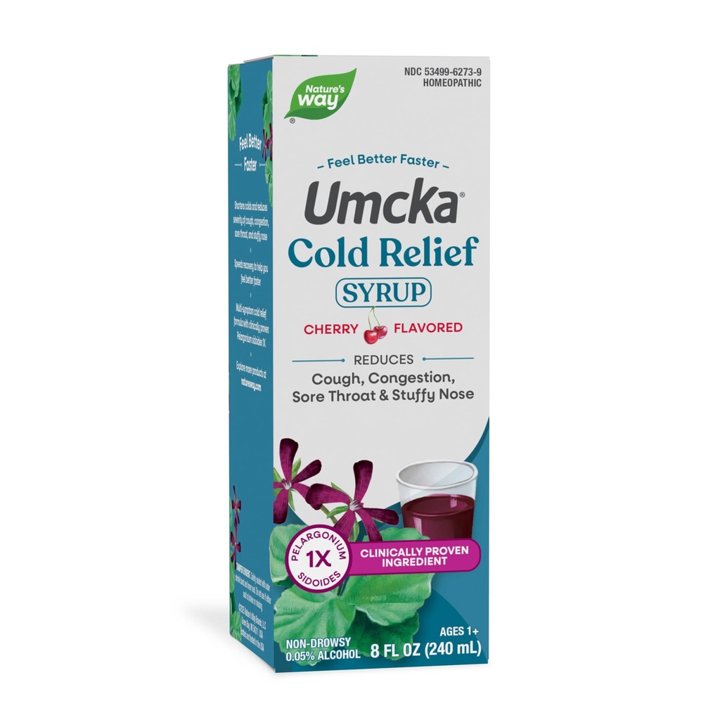 Nature 's Way Cold Relief Syrup, Umcka, Shortens Durasi & Reduces Severity, Multi- Symptom Cold Relief, Homeopathic, Phenylephrine Free, Non-Drowsy, Cherry Flavored, 8 Fl Oz (Packaging May Vary)