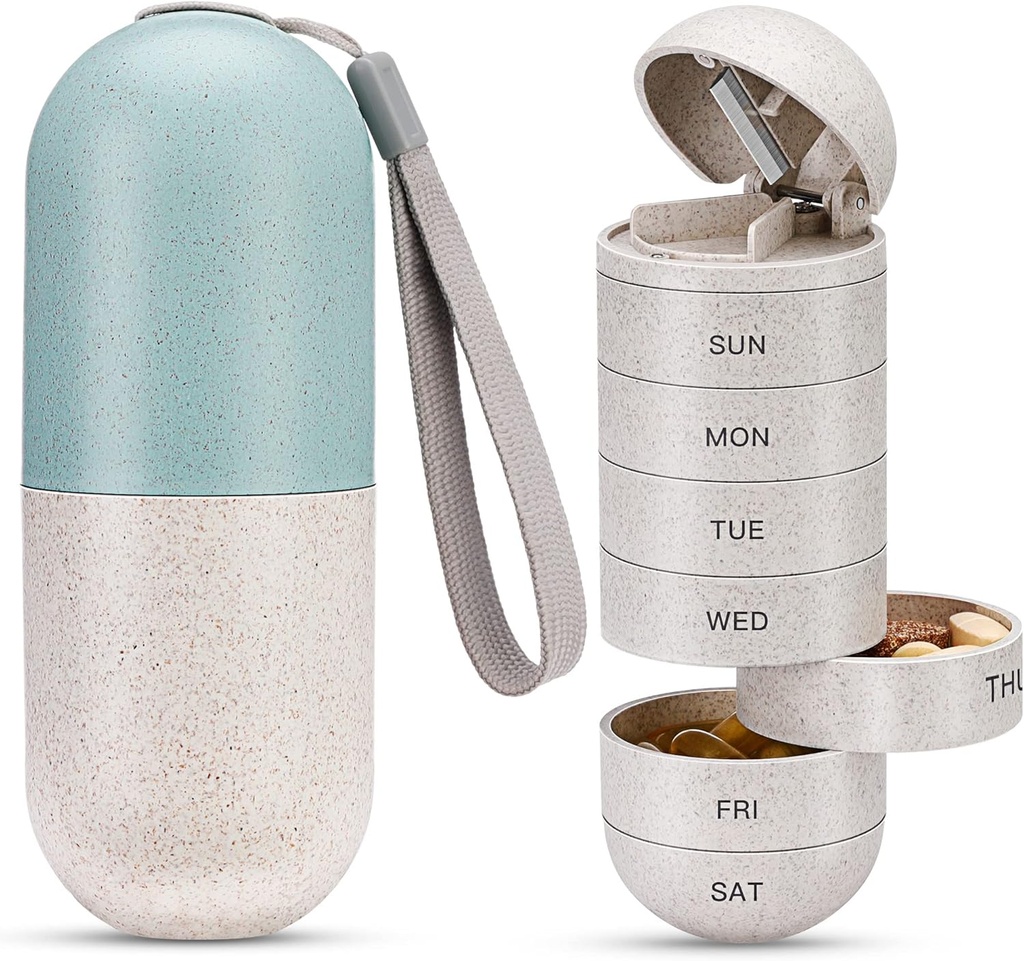 Zannaki 2 dalam 1 Pill Organizer dengan Cutter, Grain Fiber Cell Kasus Besar Kompartemen Magnetic Lock, BPA Free Travel Mendaki Kotak Pil 7 untuk menahan Pil, Vitamin, Minyak Ikan, Suplemen