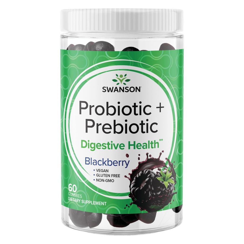 Swanson Probiotic + Prebiotic Gummies - Digetical Suppplement Suppplement Promoting Digetical Fungsi & Bowel Regularitas - Membantu untuk Mendukung Imune Kesehatan - (BlackBerry, 60 Gummies)