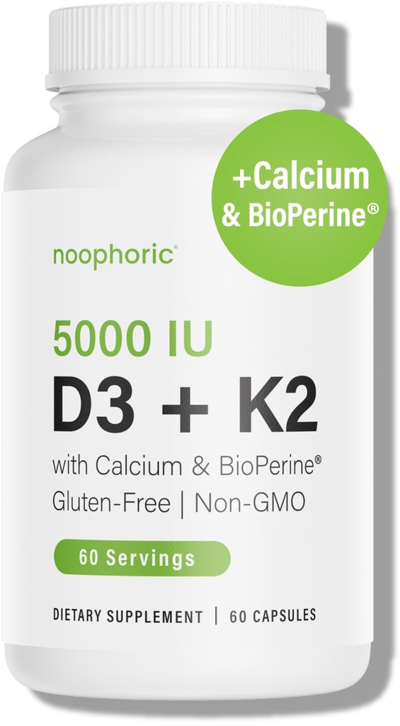 Noophoric D3 K2 Vitamin 5000 IU - Vitamin K2 100 mcg MK7, Kalsium, BioPerine - Kesehatan Tulang & Imune Dukungan Supplemen - Gluten- Free, Non-GMO - Vitamin D3 K2 Suplemen (60 Pelayan)