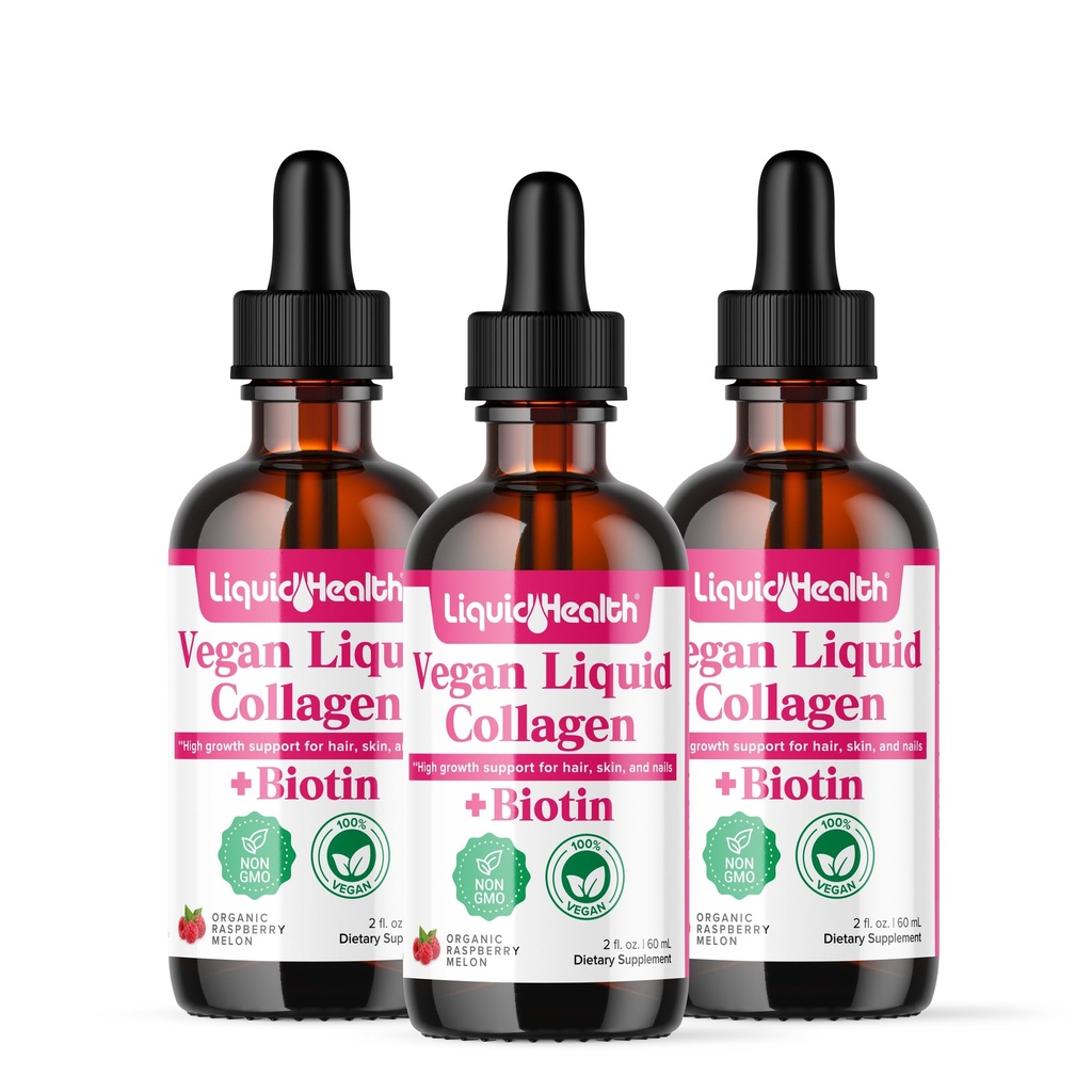 LIQUIDHEALTH 100% Vegan Collagen Plus Biotin 100,000mcg Drops - Plant - Based Liquid Collagen for Women & Men - Hair & Nail Growth, Skin Health, Boosts Metabolisme - Made in USA, Non-GMO (3 Pack)