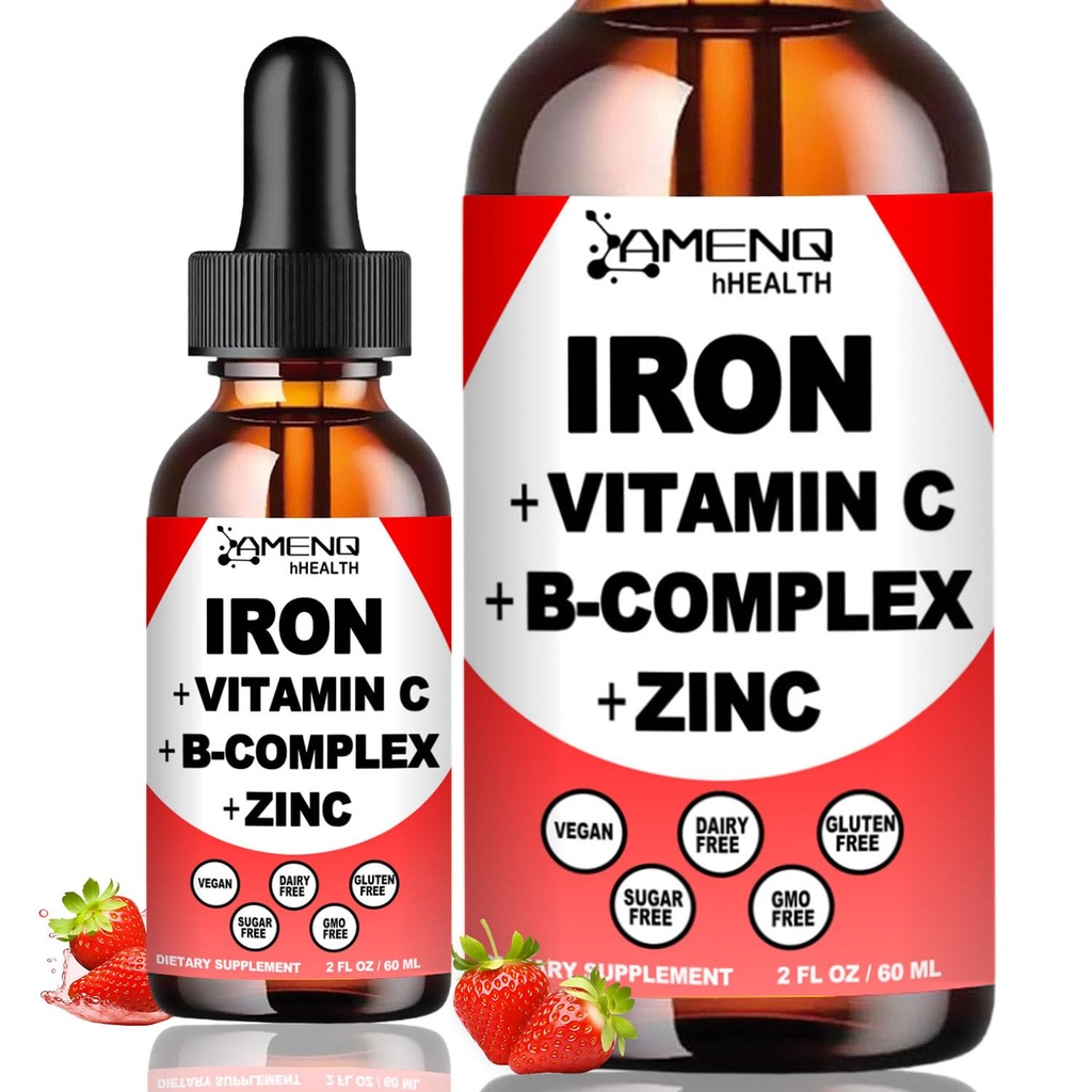 Tambahan Besi Liquid w / Vitamin C, A, B-Complex, Vegan Iron Drops Tinggi Potency Liquid Vitamin & Iron Suplemen untuk Perempuan, Pria & Anak-Anak - Dukung Red Blood Cell, Energi, Anemia & Fatigue
