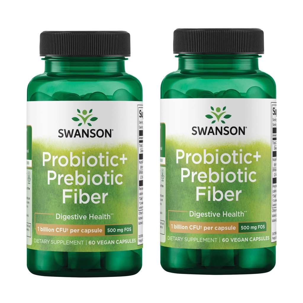 Swanson Prebiotic + Probiotic Fiber - Natural Suplemen Memproyeksikan Sistem Digesi & Ammune Health Support - Aids Regularity & GI Tract Health - (60 Capsules, 500 Juta CFU Masing-masing) (2 Pack)