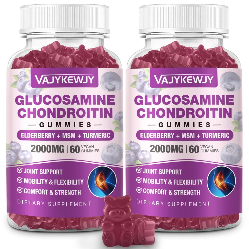 2 Packs 2000mg Glucosamin Chondroitin Gummies, Ekstra Glucostamine dengan Chondroitin MSM & Turmeric, Dukungan Bersama, Dukungan Imuniunt Antioksidant - 120 Gummi