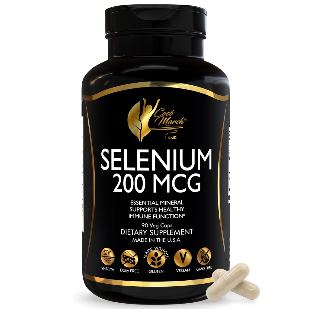 CocalyMarch N.M.D. Selenium 200 mcg - Thyroid & Imune Supplement Dukungan - Estial Mineral untuk Metabolisme & Antioksidant Pertahanan - Gluten Bebas, Dairy Free & Vegan - 3 Bulan Supply, 90 Veg Capsules