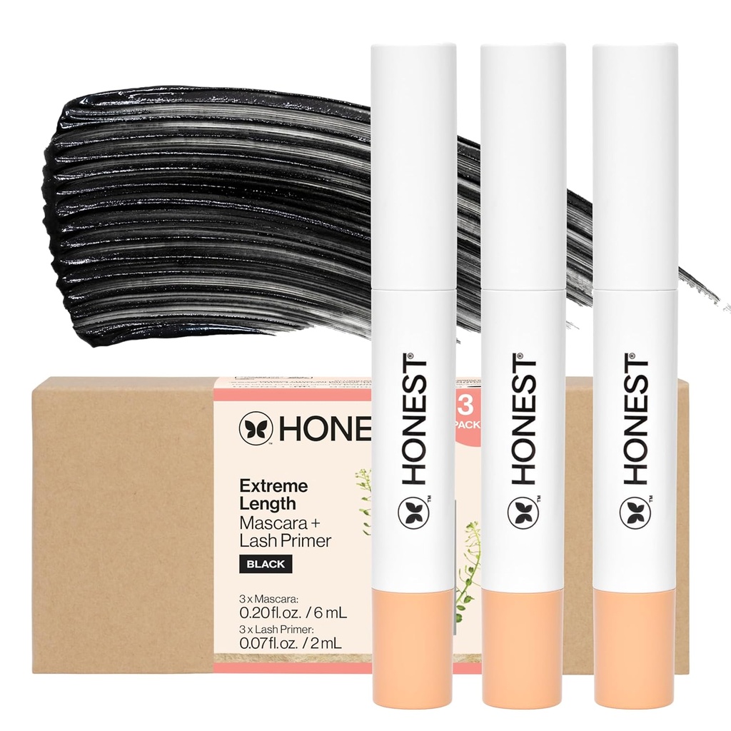 Kecantikan Jujur 2-in- 1 Extreme Panjang Mascara + Lash Primer 3 - Pack 12.4; Cruelty Bebas + Aman untuk Mata Sensitif 124; 0.27 lf oz masing-masing (pak 3)