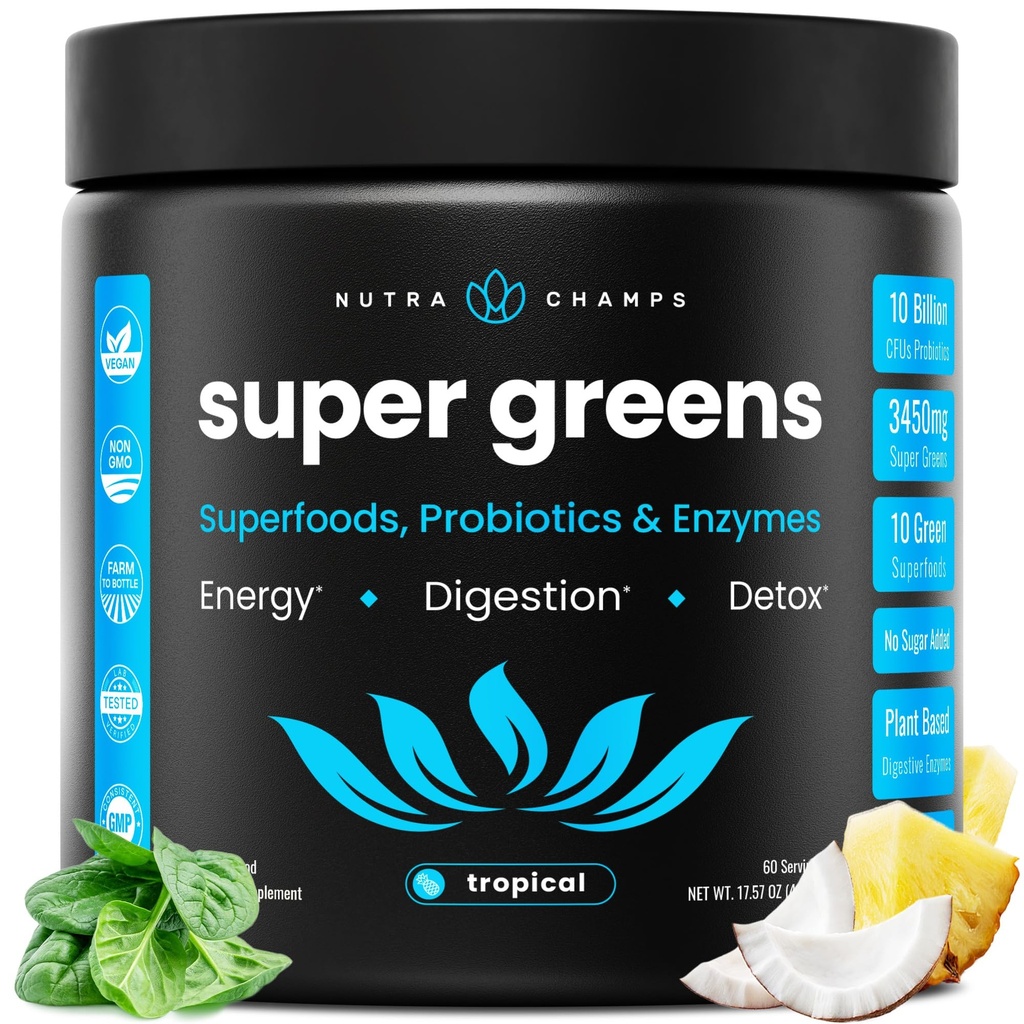 NutraChamps Super Greens Powder Premium Superfood 124; 20 + Organic Green Vedgie Whole Foods 124; Wheat Grass, Spirulina, Chlorella Antioxidant, Digeoxidant Enzyme & Probiotic Blends (9.1 OOLC, Tropical)