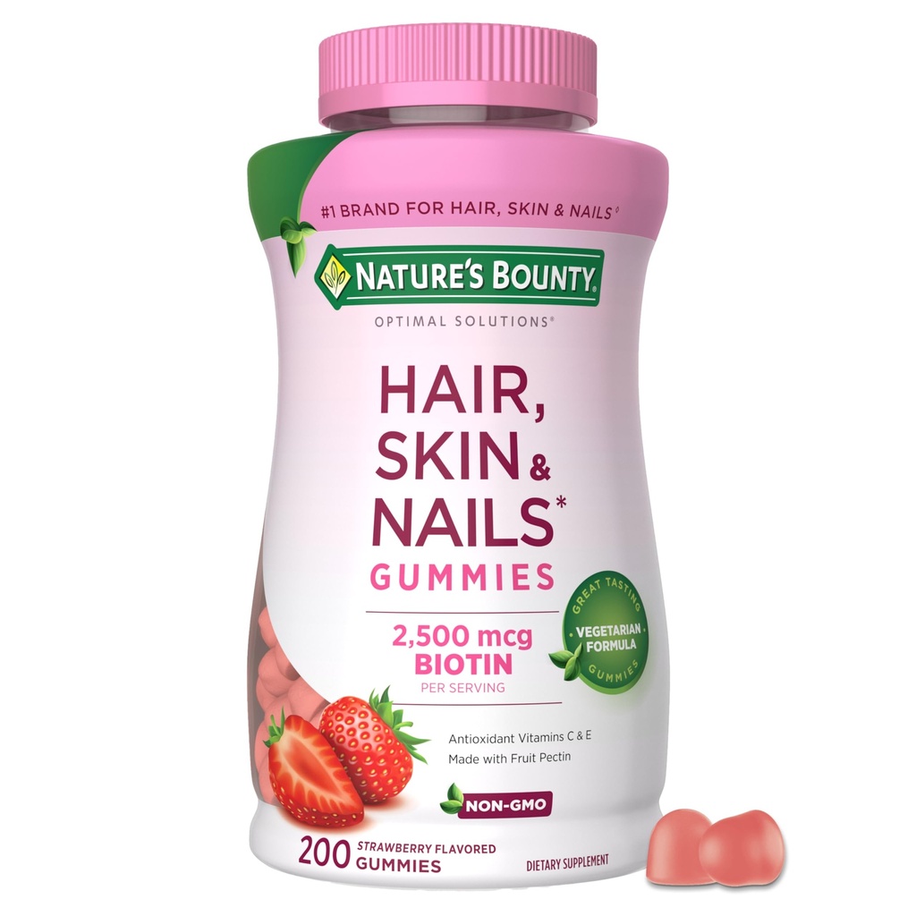 Nature 's Bounty Optimal Solutions Hair, Skin and Nails Pectin Gummies, 2500 mcg Biotin Per Serving, No Stick Gummy, Vegetarian Formula, Strawberry Flavor, 200 count, 100 Total Serving