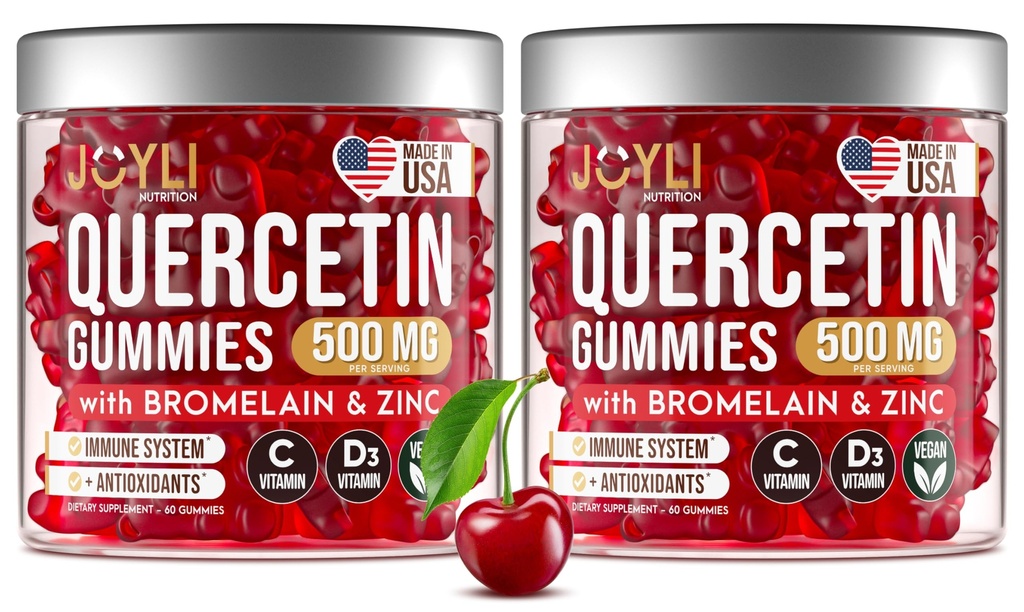 2 Paket - JOYLI Quercetin Gummies dengan Bromelain, Zinc, Vitamin C & D3 - Sugar- Free Quercetin Sugar- Dukungan Immune Wellness - 500mg Quercetin untuk Anak-anak & D3 - 60 Gummies per Pack
