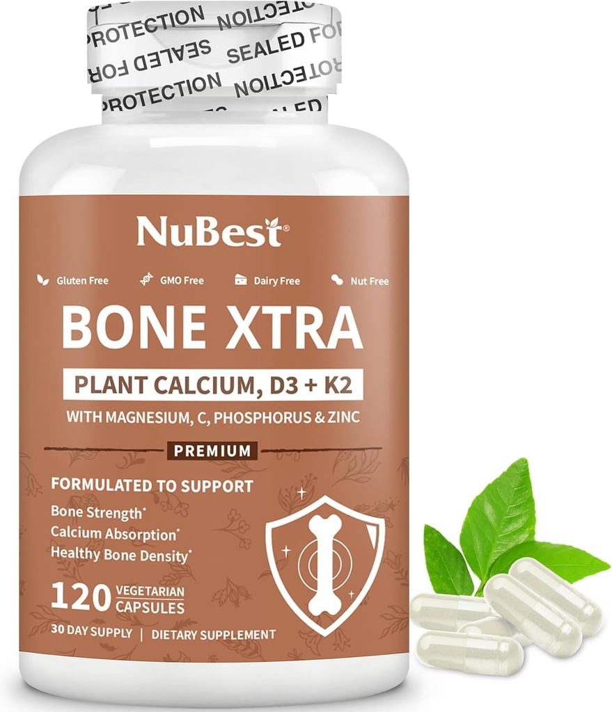 NuBest Bone Xtra - Plant Based Bone Strongtium Boost with Strongtium Citrate, Calcium, Magnesium from Marine Algae, Phosforus, Vitamin C, K2, D3 124; Maksimum Kalsium Absorpsi 124; 1 Pasokan Bulan