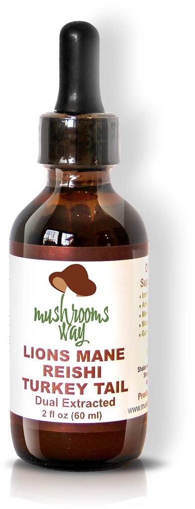 Lions Mane - Reishi - Turkey Tail - Mushroom Supplemen Sistem Imune - Dual Ekstraksi Manfaat Terbaik - Kesehatan Otak, Kesehatan Gut, Kesehatan Jantung - Bukan-GMO, Gluten Bebas, Vegan - 2 Fl Oz