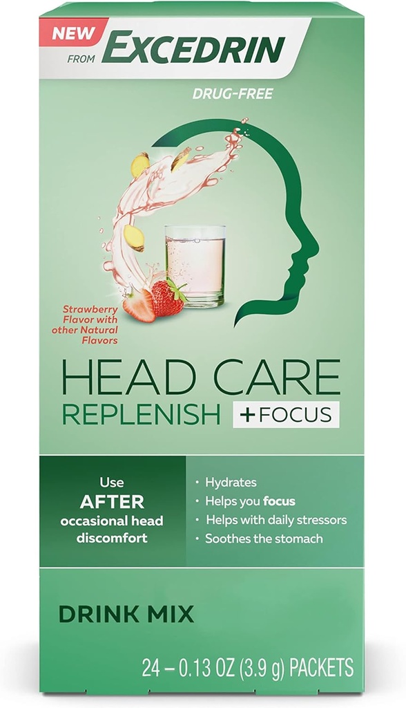 Excedrin Head Care Replenish Plus Focus From Excedrin Drink Mix with Electrolytes, L-Theanine, Ginger dan Caffeine for HeadHealth Support - 24 Paket