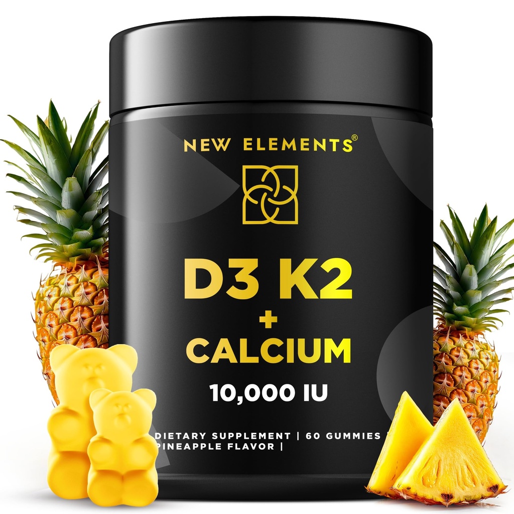 Vitamin D3 K2 Gummies 100.000 IU dengan Kalsium 100mg - VIT D3 untuk Orang dewasa - Mk7 Vitamin K2 100mcg - Vitamin D Suplemen untuk Pria & Perempuan - Vegan Gluten Free Non-GMO