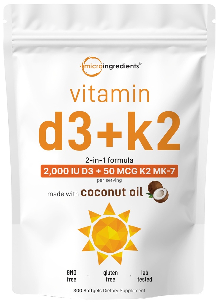 Mikro Ingrediens Vitamin D3 2.000 IU + K2 MK-7 50 mcg, 300 Softgels 124; Virgin Coconut Oil 124; 2- 1 Dukung 124; Mudah untuk menelan, Non-GMO