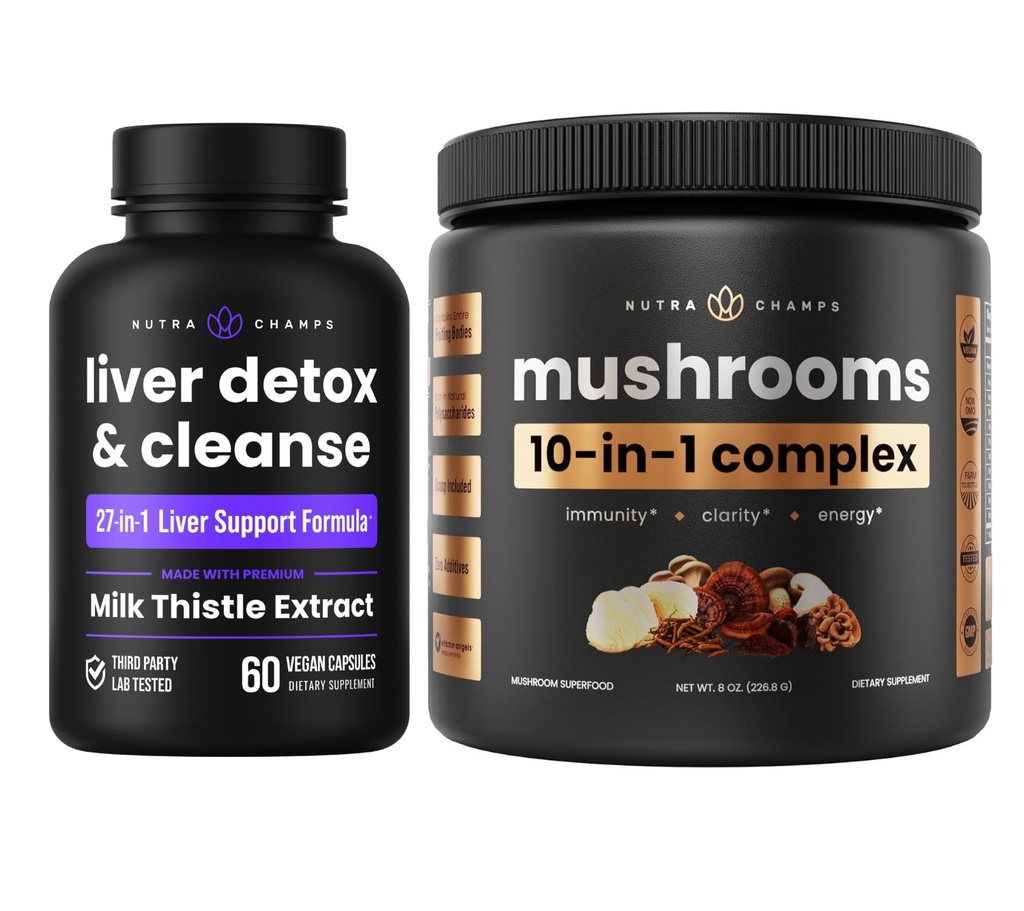 NuttraChamps Liver Detox & Mushroom Powder - Cognition, Detox & Immunity Bundle