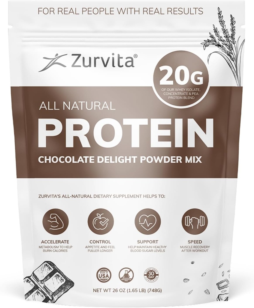Zurvita - Chocolate Delight Protein Powder - 20g Protein, Protein, Progories, 24 + Vitamin dan Mineral - No Android Sweeteners - 26oz (20 Pelayan)