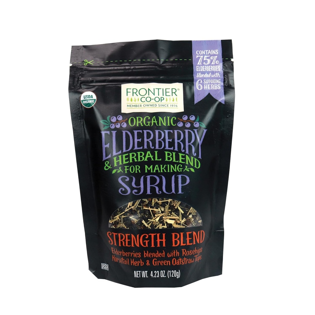 Frontier Co-op Organic Elderberry, 4.23 Ounce Bag 124; kering Elderberry untuk Menyiapkan Syrup 124; Kosher 124; Sempurna untuk Teh dan Campuran Herbal