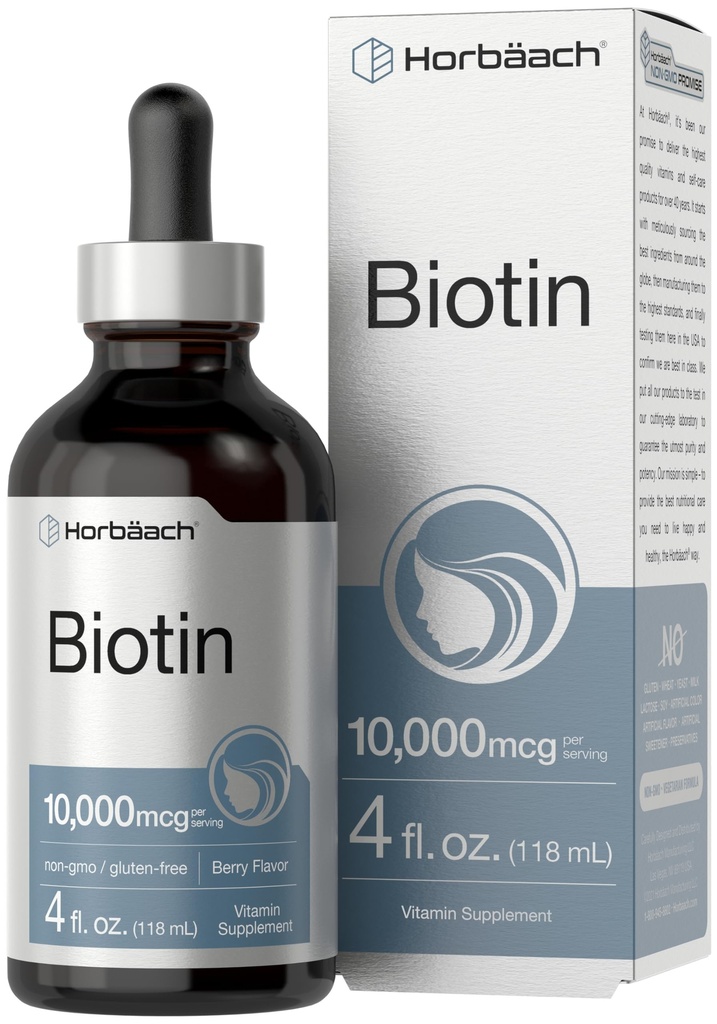 Horbach Biotin Liquid Drops 1000mcg 124; 4 fl oz 124; Berry Flavor 124; Vegetarian, Non- GMO & Gluten Free Supplemen