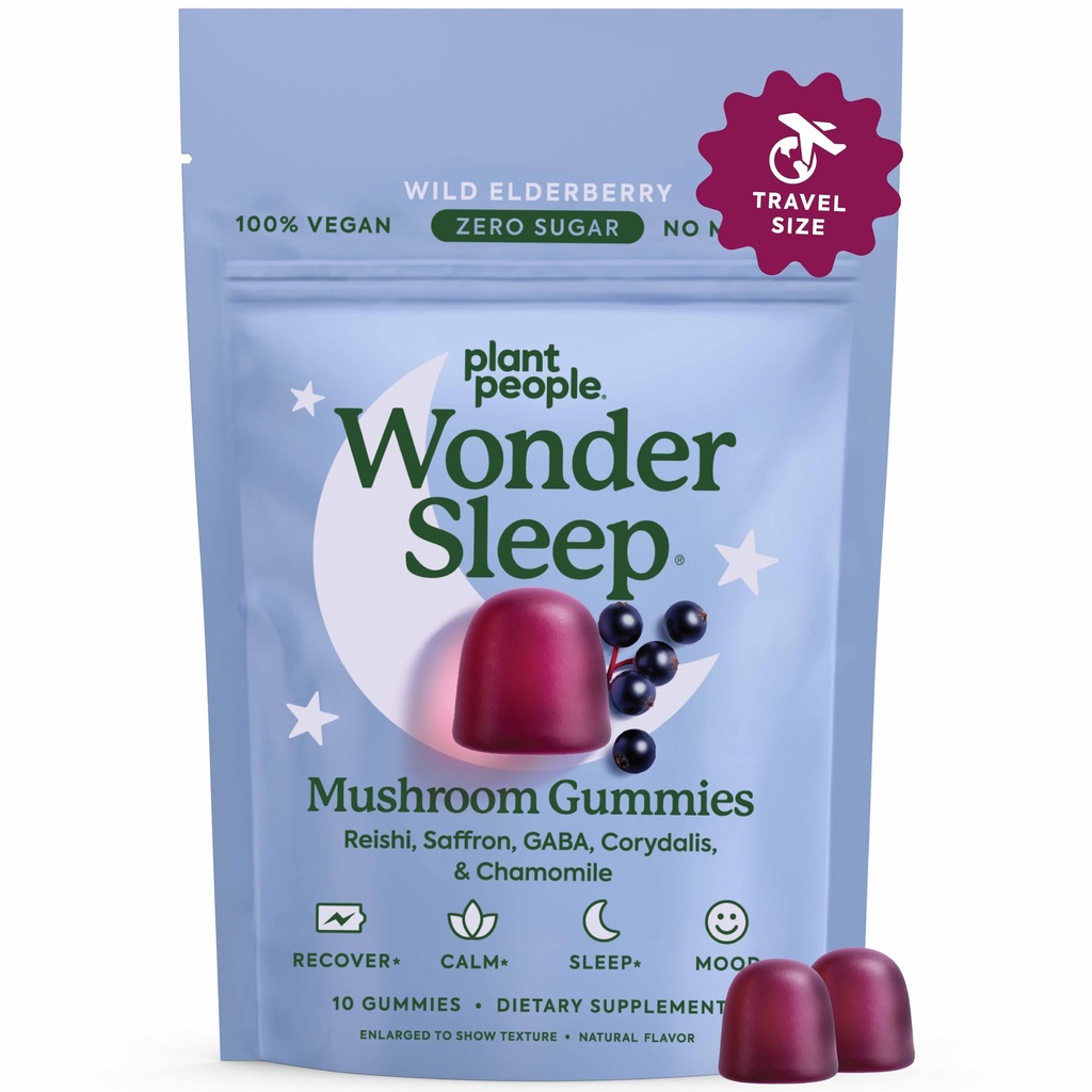 Plant People WonderSleep Mushroom Gummies Supplemen Mini dengan Reishi Super Mushroom, Saffron, Wild Elderberry Flavor No Sugar Vegan - Friendly & Gyaten- Free Trial Size