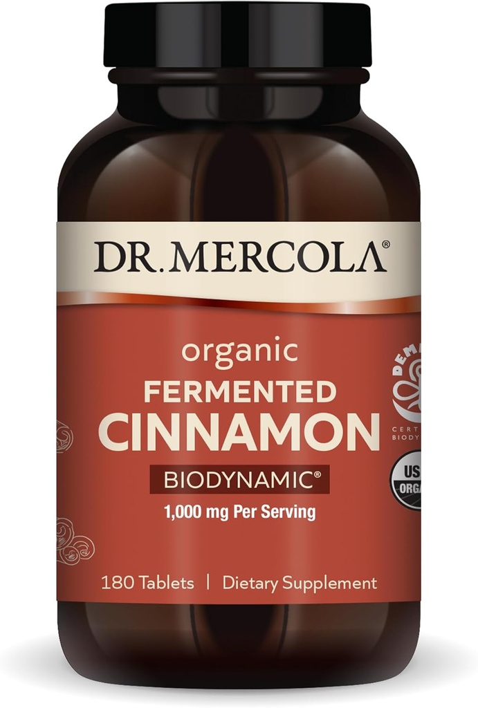 Dr. Mercola Biodynamic Organic Ferdied Cinnamon - Support Metabolic Health - High- Flavonoid Cinnamon Extract - USDA Organik, Non- GMO, Bebas & Soy- Free - 180 tablet