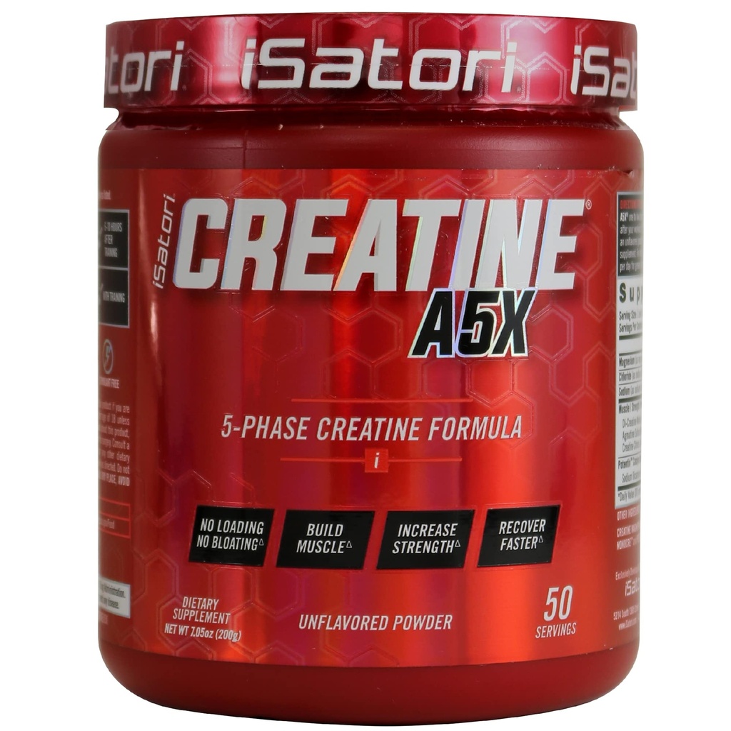iSatori Creatine A5X dengan Creatine Monohydrate & Betaine Anhydrous for Muscle Growth, Power Building, & Recovery - Dietary Suppplemen Pelatihan & Perbaikan & Berat - Unflafedored (50 Hamba)
