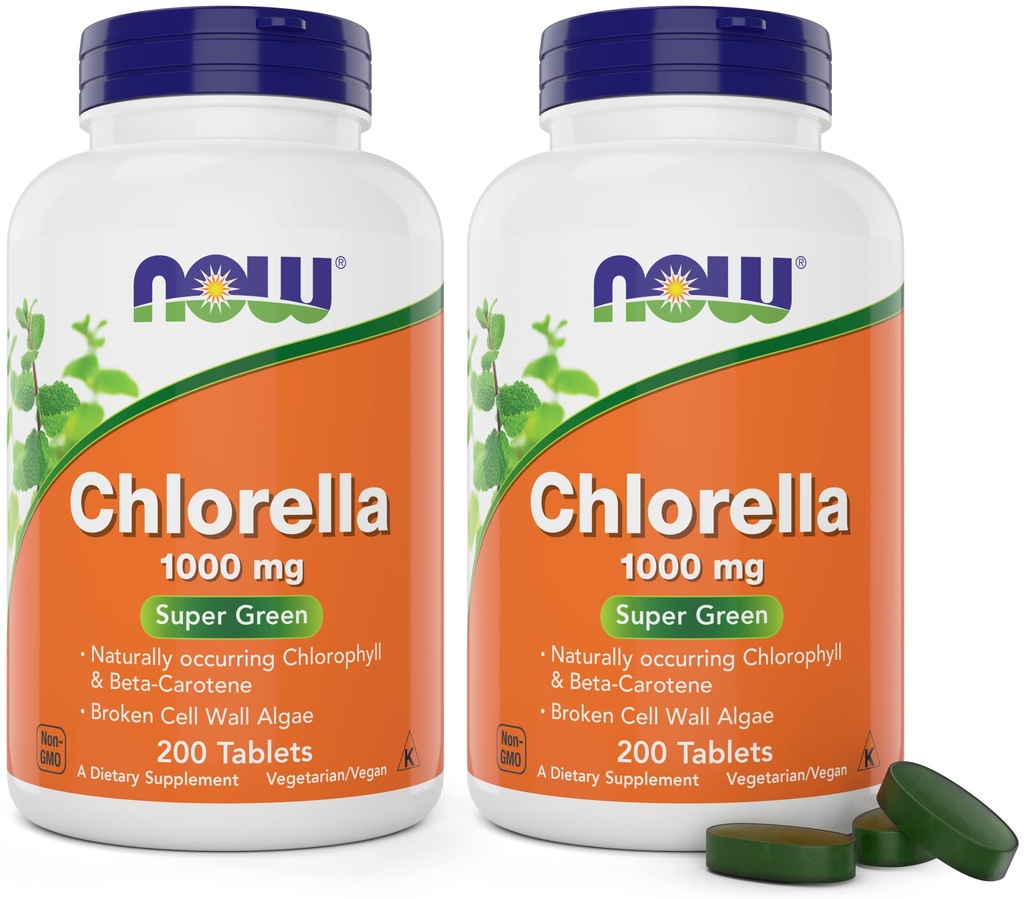 Sekarang Chlorella 1000mg Tablet - 200 Count (Paket 2) - Klorofil Pekerjaan Alam, Beta- Carotene - Non-GMO, Vegan