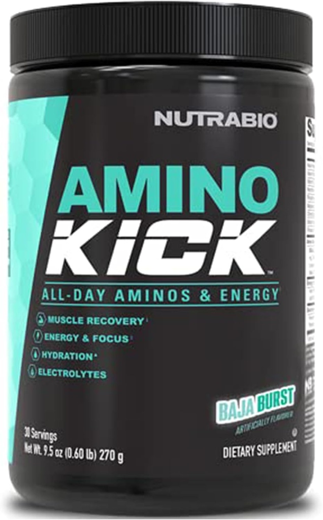 NutraBio Amino Kick - BCAA Powder with Natural Caffeine - Amino Acids Suplemen Energi, Hidration & Recovery - BCAAs, Electrolytes & Acids - Baja Burst, 30 Pegawai