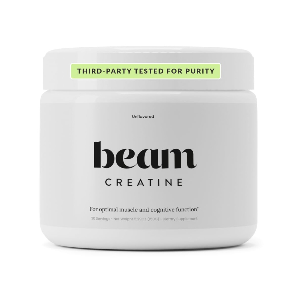Beam Creatine Monohydrate Powder - 5g Micronized Creatine Monohydrate, Third Party Tested Creatine for Women, Muscle Strength, Growth, Recogitive & Cognitive Support, Unflashored, 30 Servings