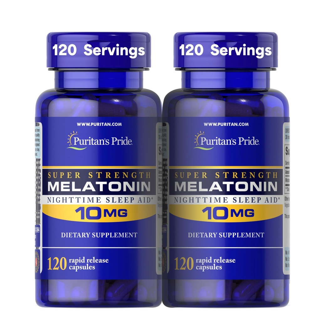 Puritan 's Pride Premium Super Strength Melonain 10mg Sleep Aid, Dietary Supplement for Sound, Reserve, & Longer Sleep Duply, 4 Bulan Suply, 120 Rapid Rapid Lease, 2 Pack (Packing May Wary)