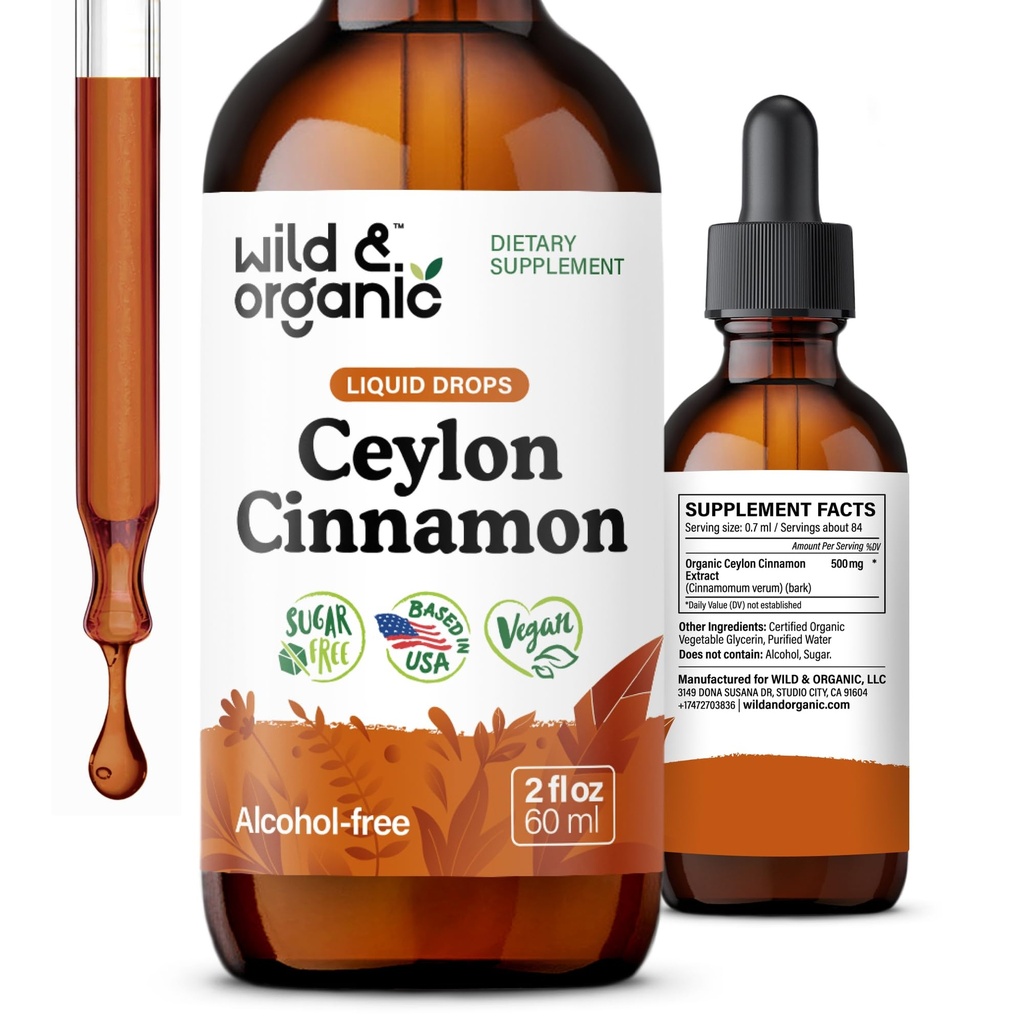 Wild & Organic Ceylon Cinnamon Extract Liquid Drops 500mg - Liquid Cinnamon Suplemen untuk Overall Dukungan - Cinnamomum Verum Bark - Vegan, Sugar & Alcohol-Free, Non-GMO - 2 fl oz