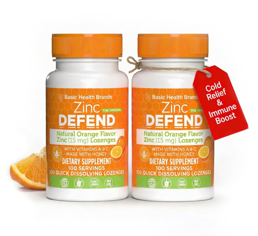 Dasar Brands - Zinc Orange Defend - 100 Lozenges - Natural Orange Flavor Zinc-Lozenges - Ammune Boost, Cold Relief, Non-GMO, Zinc Acetate & Vitamin C - 2- Pack