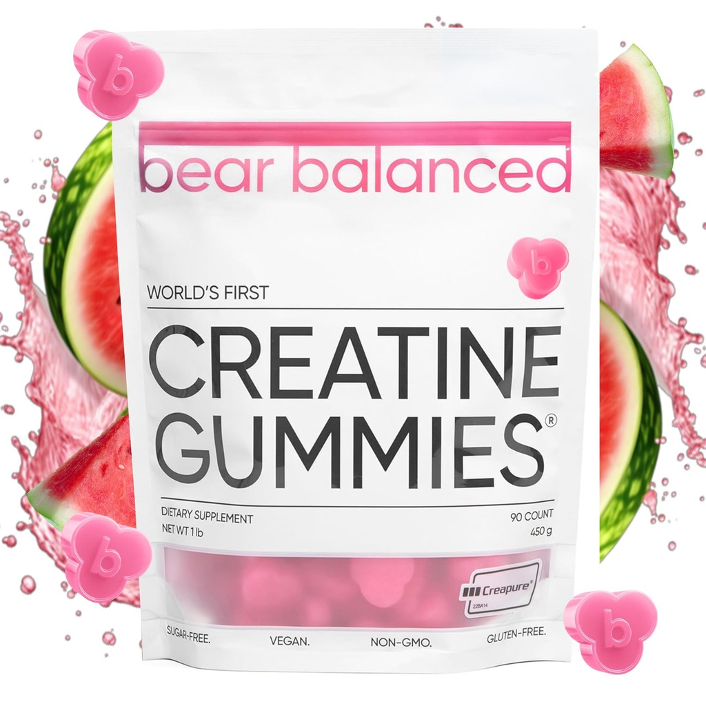 Bear Balanced Creatine Gummies for Men & Women - Creapure ® Creatine Monohydrate, L-Theanine, L-Tyrosine & B12 for Muscle Growth, Energy, Energy & Health - Low Calorie, Sugar- Free, & Vegan