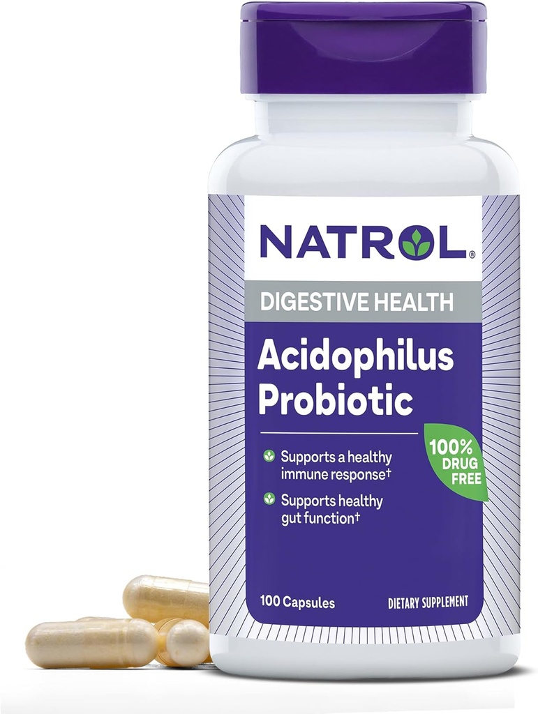 Natrol Acidoblus Probiotic 100 mg, Dietary Suplemen untuk Fungsi Gut Sehat, Digetical Health Capsules untuk Dewasa, 100 Capsules, Hingga 33 Hari Supply