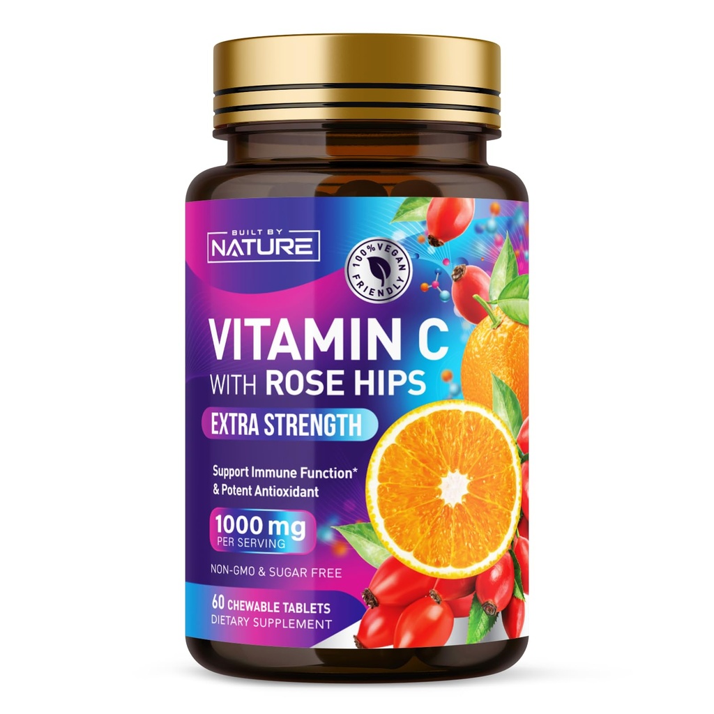 Dibangun oleh Nature Chewable Vitamin C dengan Rose HIPS - 10000mg Imune Supplement - Non-GMO, Gluten- Free, Vegan - powerful Antioksidant for Energy & Collagen Boost - Orange Flavor - 60 tablet