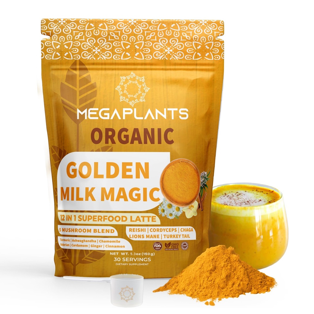 Golden Milk Magic (50 Servings); Superfood 5 Mushroom Blend for Sledge, Relaxation, Relief 124; Turmeric, Ashwaganda, Valerian, Chamomile + 5 Mushroom Blend 124; Smoothie, Hot Beverage