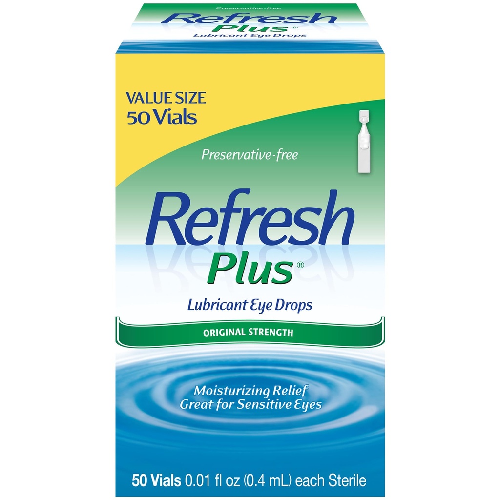Refresh Plus Lubricant Eye Drops, Presertive- Free, 0.01 Fl Oz Single- Gunakan Kontainer, 50 Count, Paket May Vary