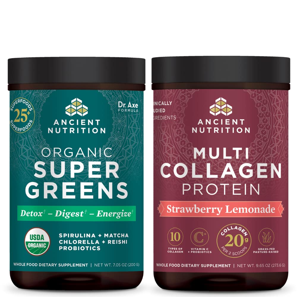 Nutrition Kuno Powder Organik Supergreens, Hijau Flavor, 25 Servis + Multi Collagen Protein, Strawberry Lemonade, 24 Servis