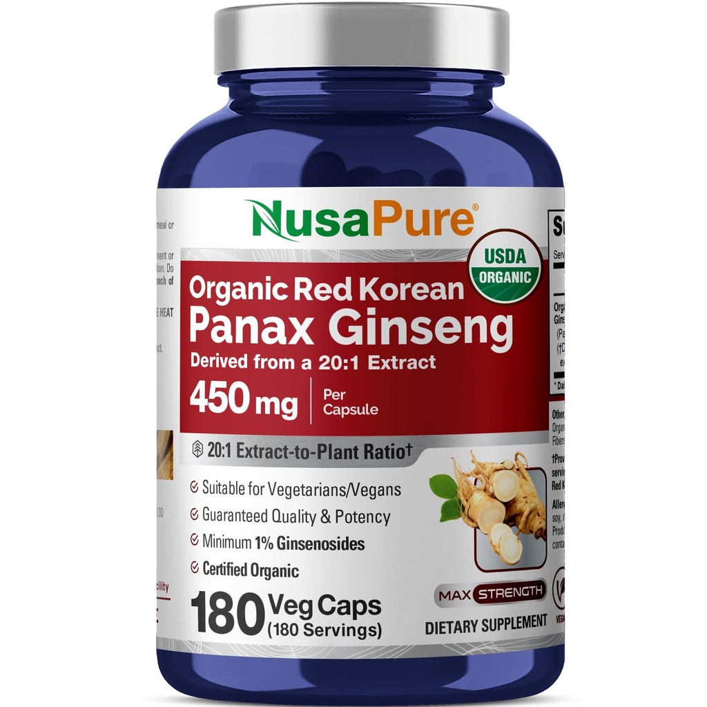 NusaPure Red Panax Ginseng 20: 1 Ekstrak, 450 mg Equivalen dengan 9.000 mg 180 Vevgie Caps (USDA Organik, Non- GMO, Vegan, Vegetarian, Bioperin)