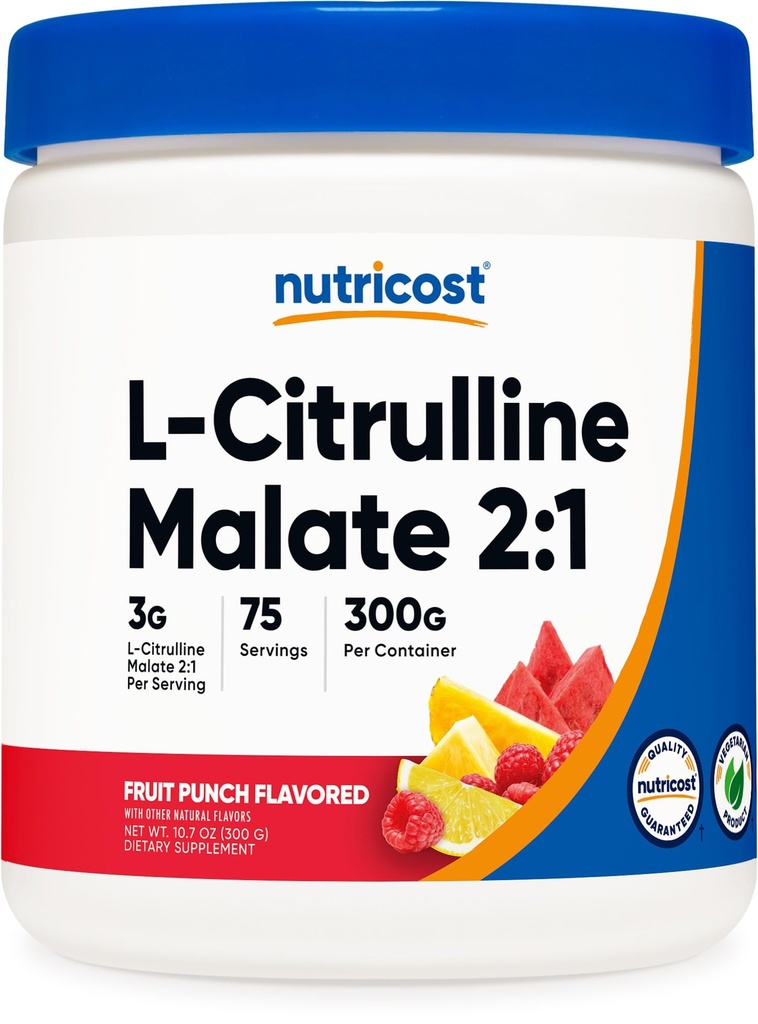 Nutricost L-Citrulline Malate 2: 1 (300g) Fruit Punch - Bantuan Kerja Keluar, Performance Muscle, Nitric Oxide Booster - Suplemen Fitness, 75 Hamba