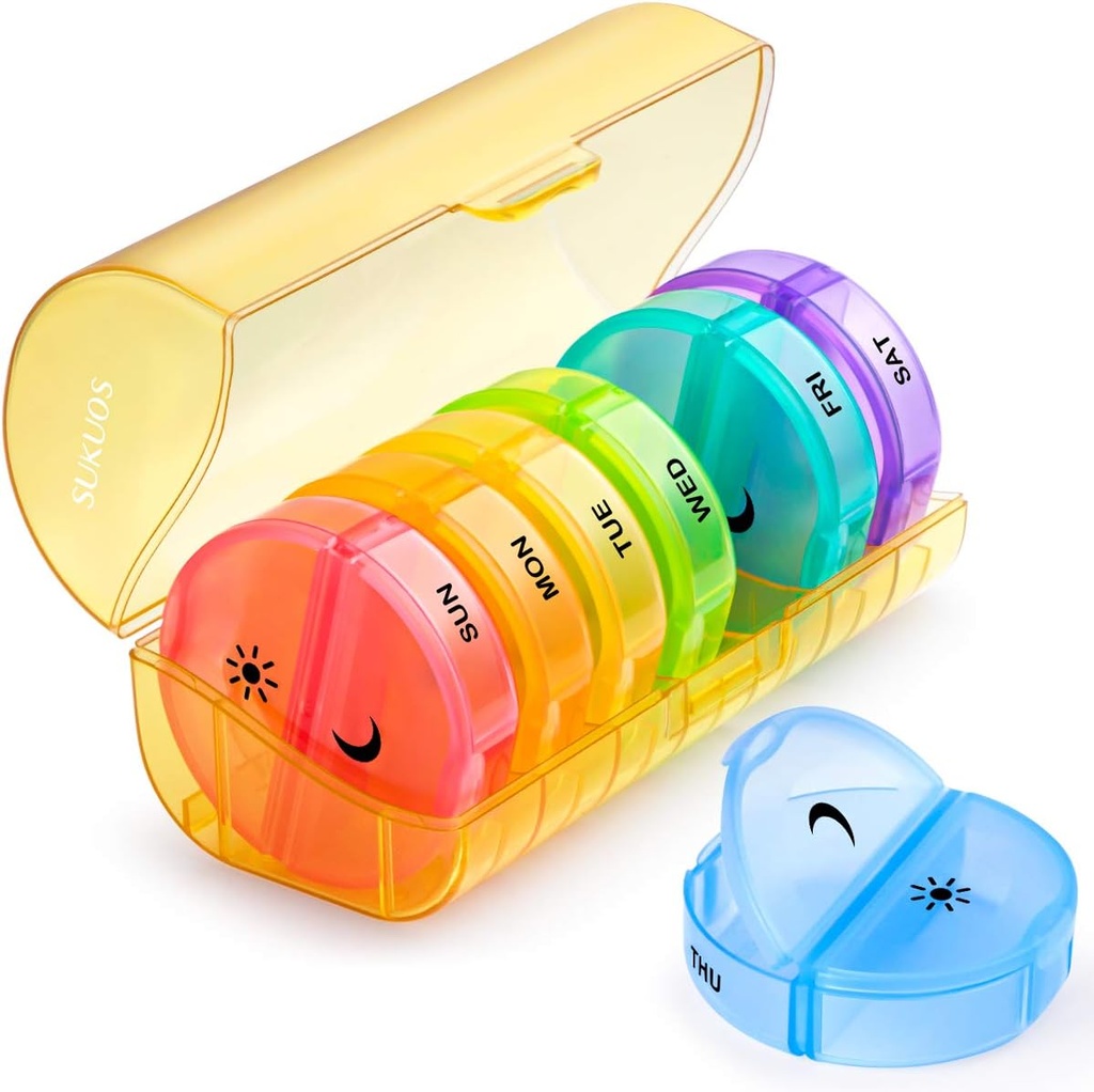 Sukuos Large Weekly Pill Organizer 2 Times sehari, Kotak Pil Harian 7 Hari Mudah dibuka dengan Perlindungan Ganda, Kasus Pil KB AM untuk Obat / Vitamin / Minyak Ikan / Suplemen (Kuning)