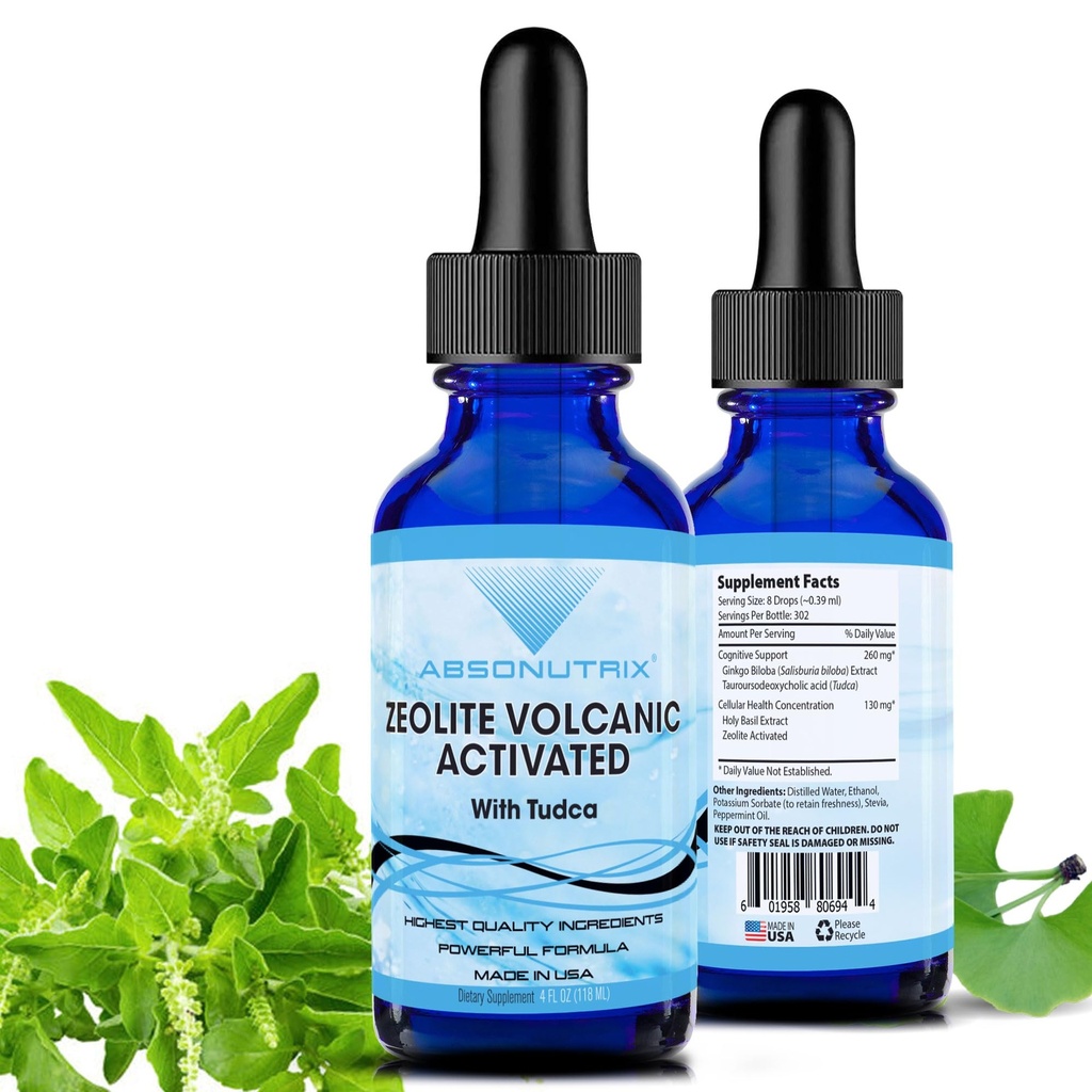 Absonutrix Zeolite Volcanic Activated with Tudca Advanced Formula 390 mg, 4 Oz Liquid, 302 Servings, Made in USA, Quick Absorpsi, Non-GMO, GMP Certified Facility, Cruelty- Free Products