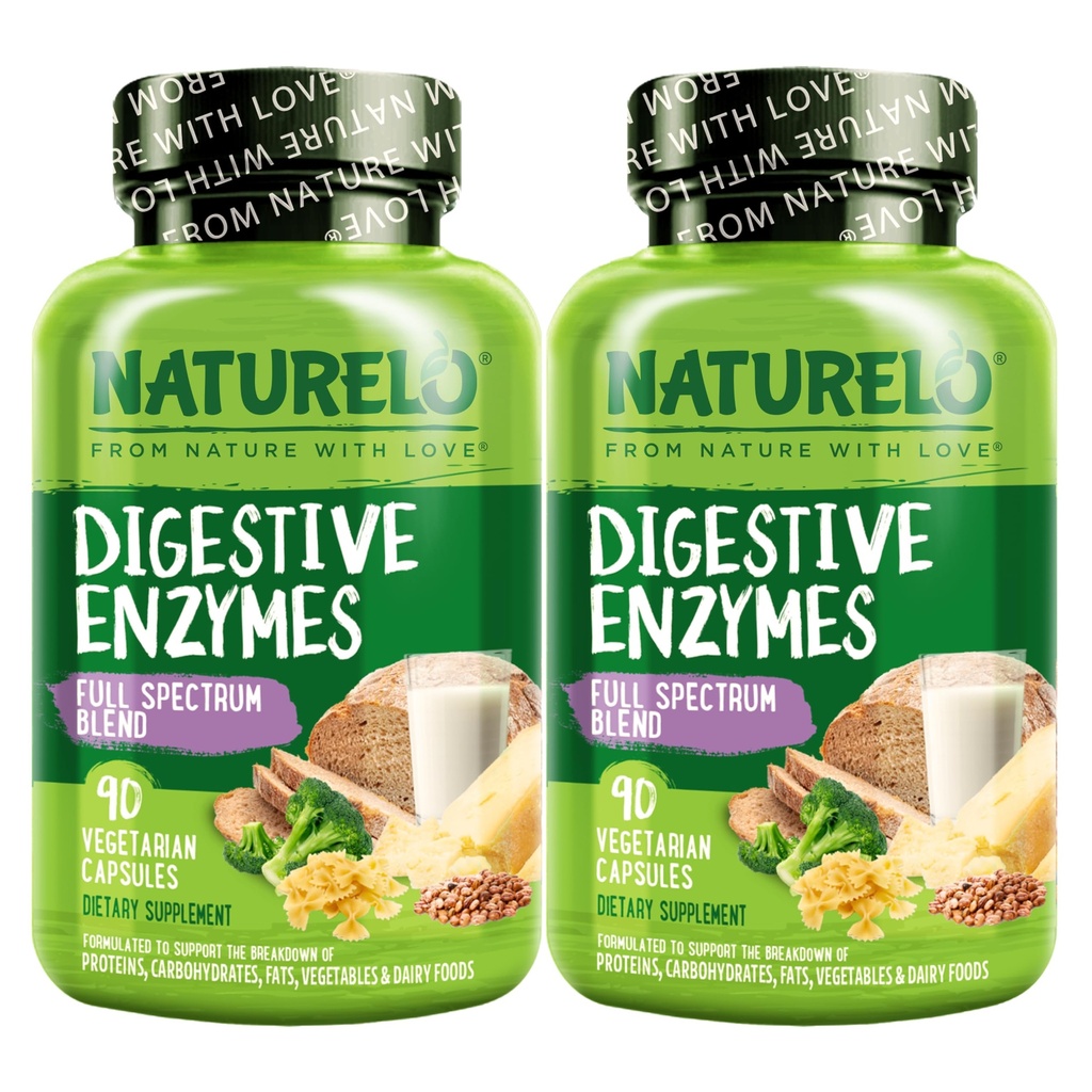 NATURELO Enzymes Digetical - Dukungan Spectrum Penuh dengan Blend Broad 15 Enzymes Plus Ginger - 90 Vegan Capsules (Paket 2)