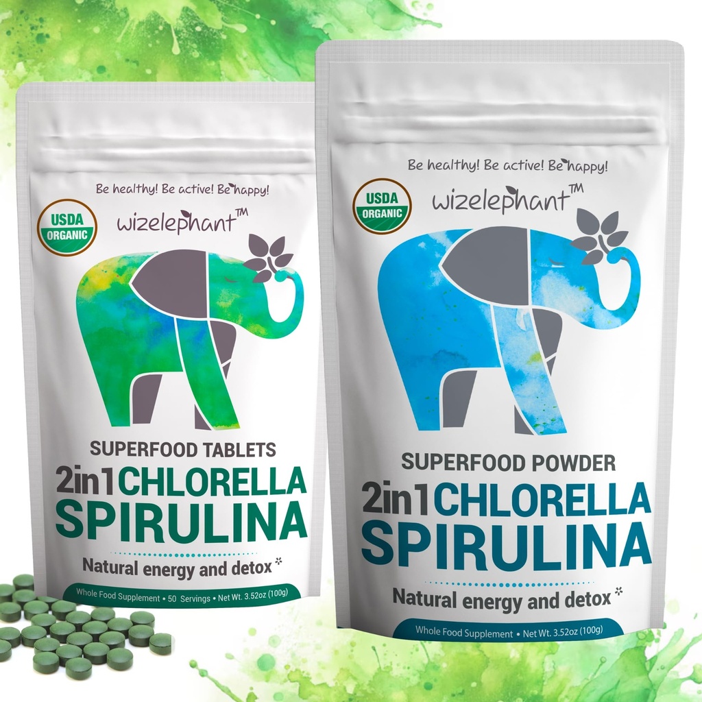 Chlorella Spirulina Powder Organic + Spirulina Chlorella Tablet 124; Organik 124; Kaya dalam Chlorophill 124; Hijau Superfood Pounder & Tablet Bundle