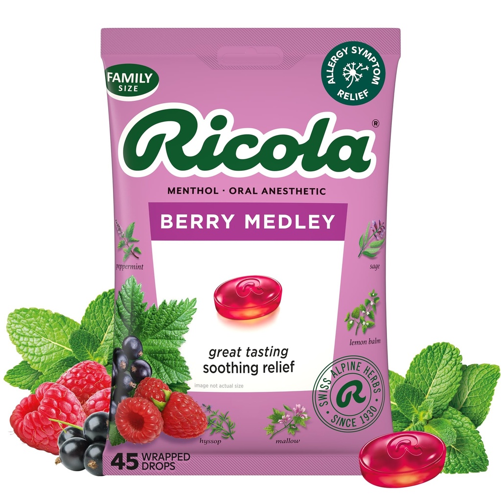 Ricola Berry Medley Throat Drops, 45 Count, Delicious Throat Relief & Care, Oral Anestetic, Alami Flavored