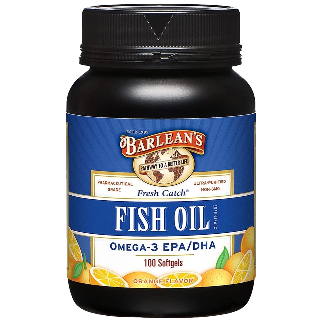 Tambahan Minyak Ikan Barlean Omega 3, Tambahan Softgels untuk Pria dan Wanita, EPA 600mg dan DHA Acids Gendut, Oranye Flavored, 100 Count