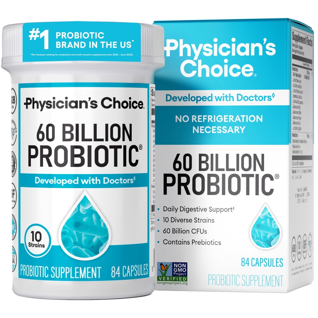 Physician 's CHOICE Progories 60 Milyar CFU - 10 Strains + Organic Pregities - Ammune, Digetical & Gut Health - Pendukung Konstilasi Occasional, Diare, Gas & Bloating - for Women & Men - 84ct