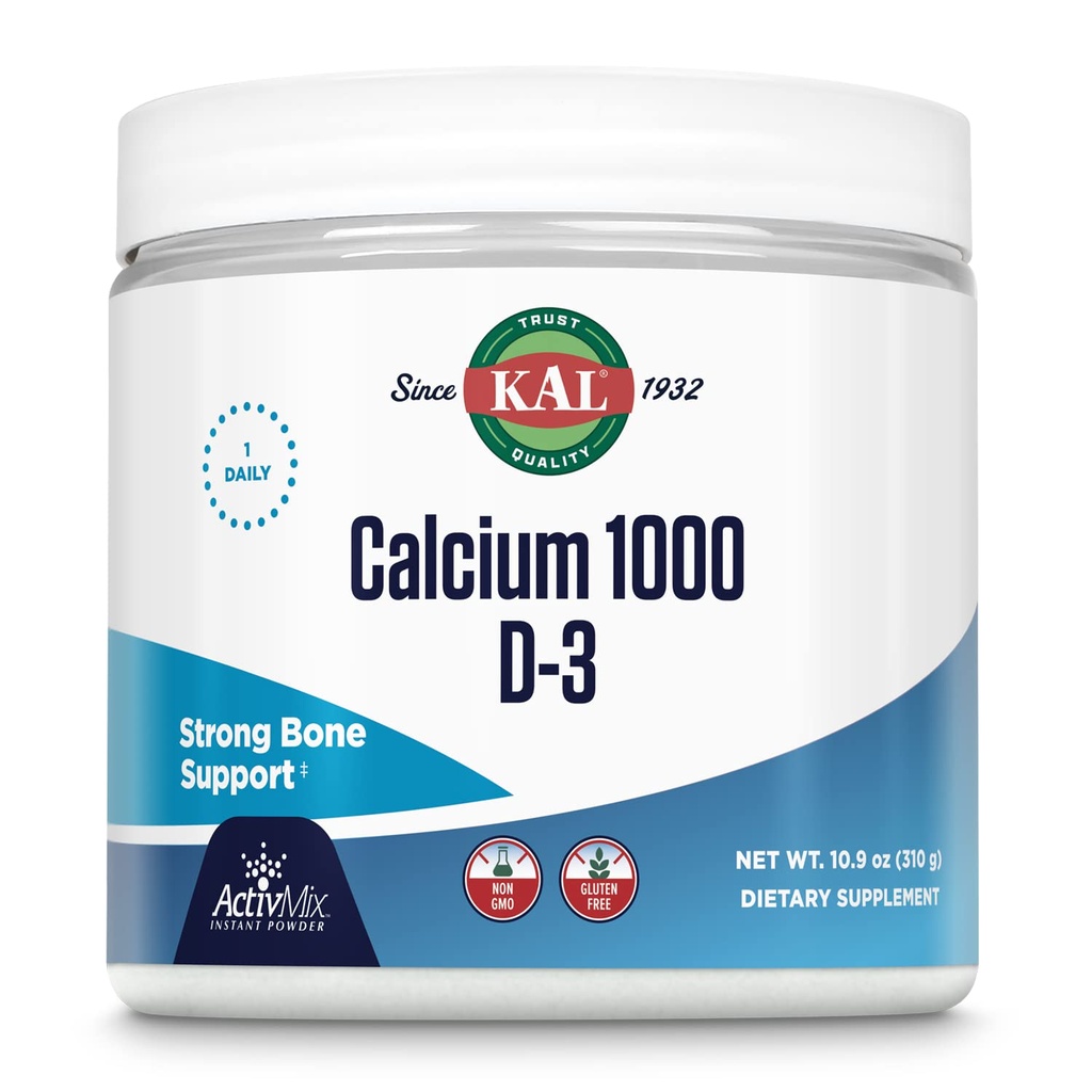 KAL Calcium Vitamin D-3 ActivMix, Powder Kalsium Suplemen, Bioavailable Kalcium Lactate dan Gluconate, Bone Health Support, Non-GMO, Gluten Free, 60- Day Affitee, 31 Pelayan, 10,9 oz
